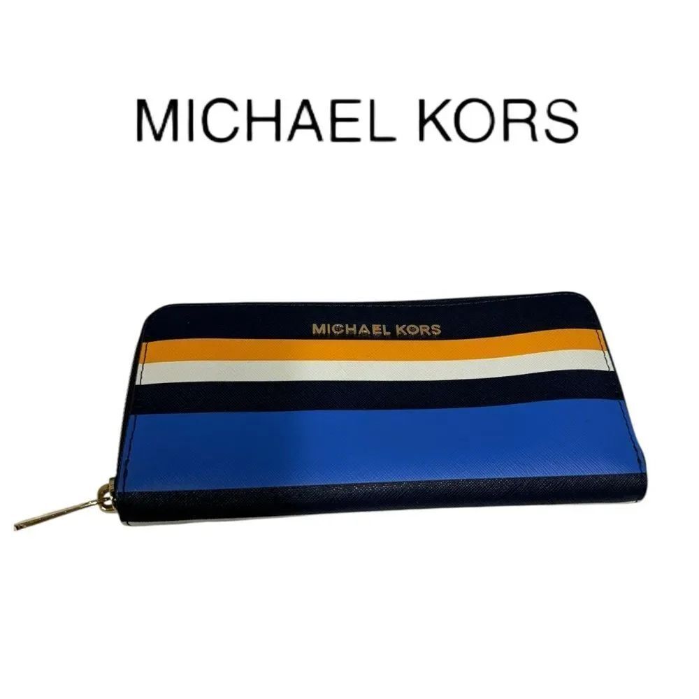 Michael Kors Jet Set Navy Blue Gold Zip Around Wallet